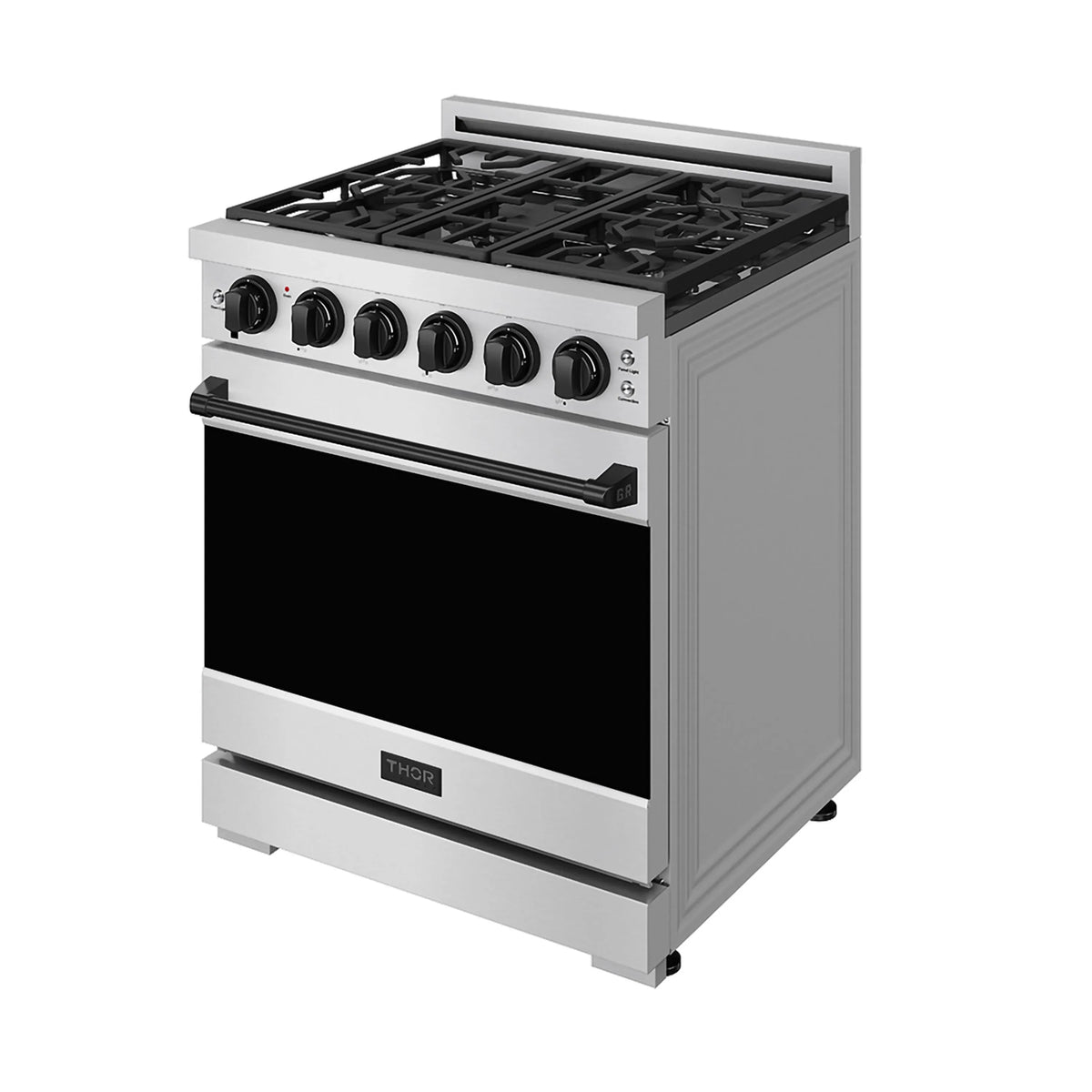 Gas range with open-top burner grates, black oven door, and stainless control panel