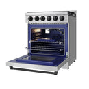 Stainless steel gas range oven door open with racks and fan inside