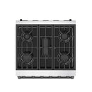 Stainless steel gas range cooktop view with four cast-iron style burner grates