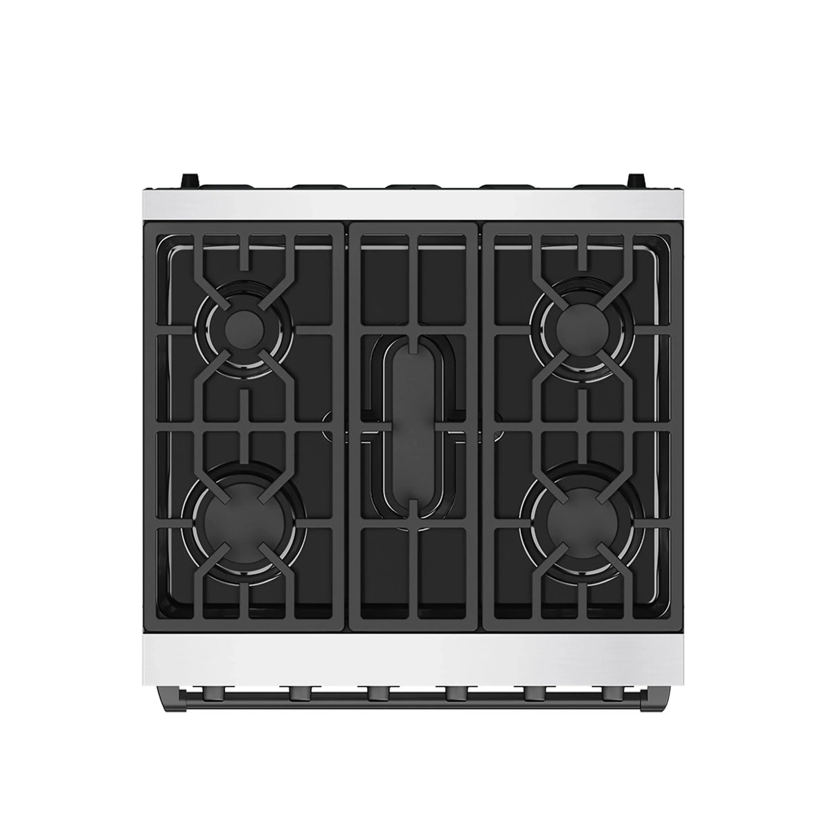 Front view of stainless steel gas range with black burner grates and center control