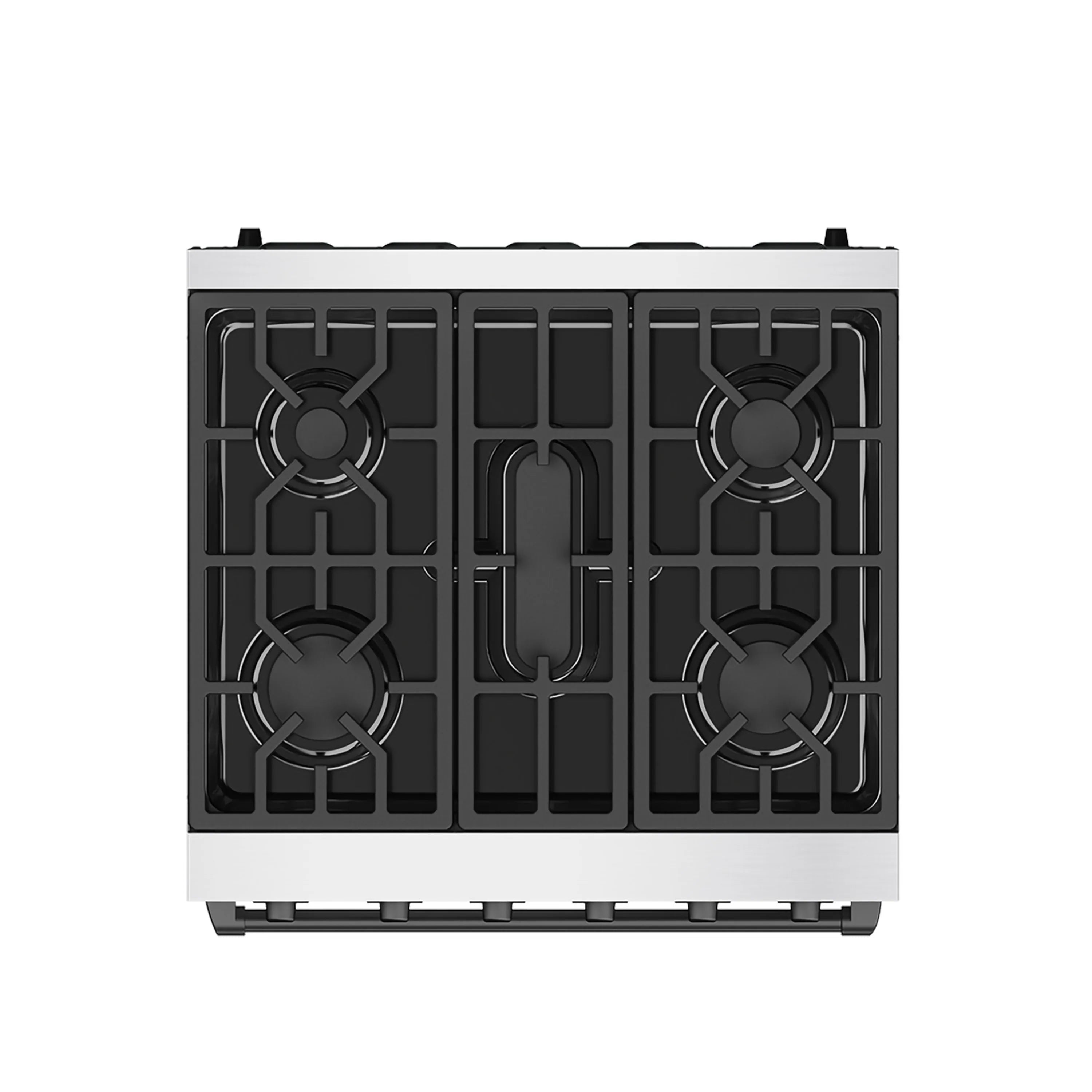 Stainless steel gas range cooktop view with four cast-iron style burner grates