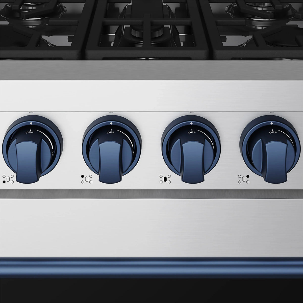 Stainless gas range front panel with blue burner knobs and control icons