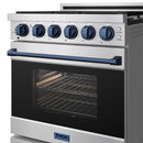 Stainless steel 30-inch gas range with open oven door and five blue control knobs.