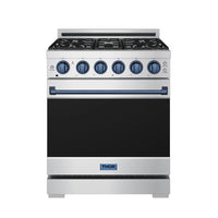 Stainless steel gas range with five blue knobs, black burner grates, and blue trim.