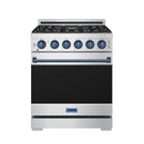 Stainless steel professional gas range with blue trim, blue control knobs, and closed oven