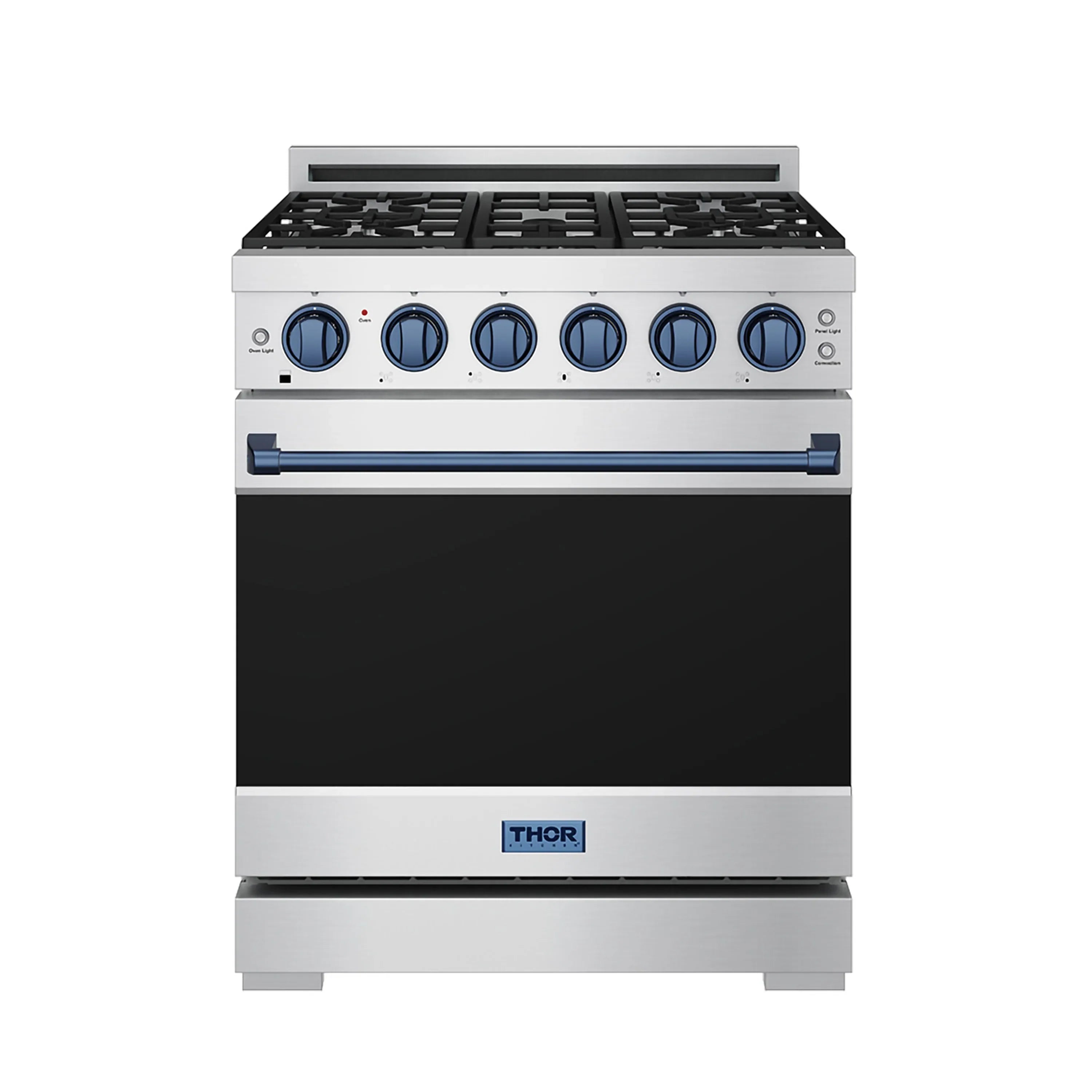 Stainless propane gas range with blue control knobs and black oven door