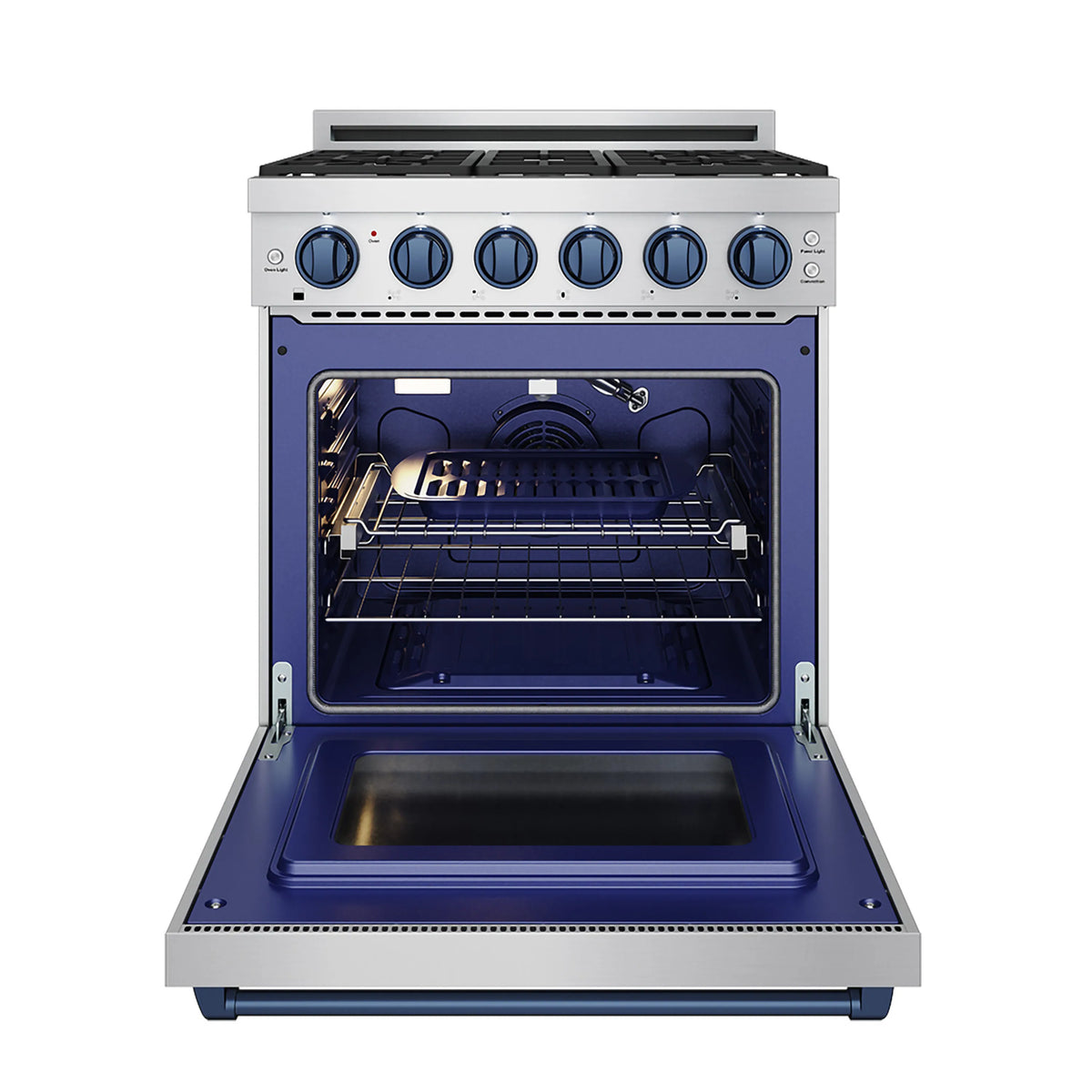 Gas range oven with open door, blue interior accents, and wire rack inside