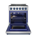 Stainless steel gas range with open oven door showing oven rack and blue enamel floor.