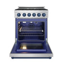 Professional gas oven with blue interior panels, rack and burner controls on stainless range