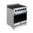 Stainless steel gas range with blue trim handle, black oven window, and blue knobs.