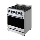 Stainless steel gas range with blue trim, six blue control knobs, and grates on top