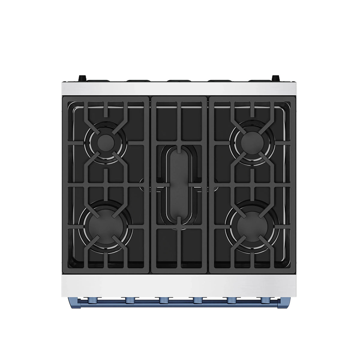 Stainless steel gas range with black grates and four blue-outlined burner areas