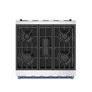 Stainless steel gas cooktop with four black burner grates and blue trim front rail.