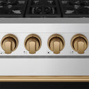 Gas range control panel close-up with four bronze precision knobs and burner icons