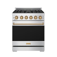 Stainless steel gas range front view with bronze control knobs and long bronze handle