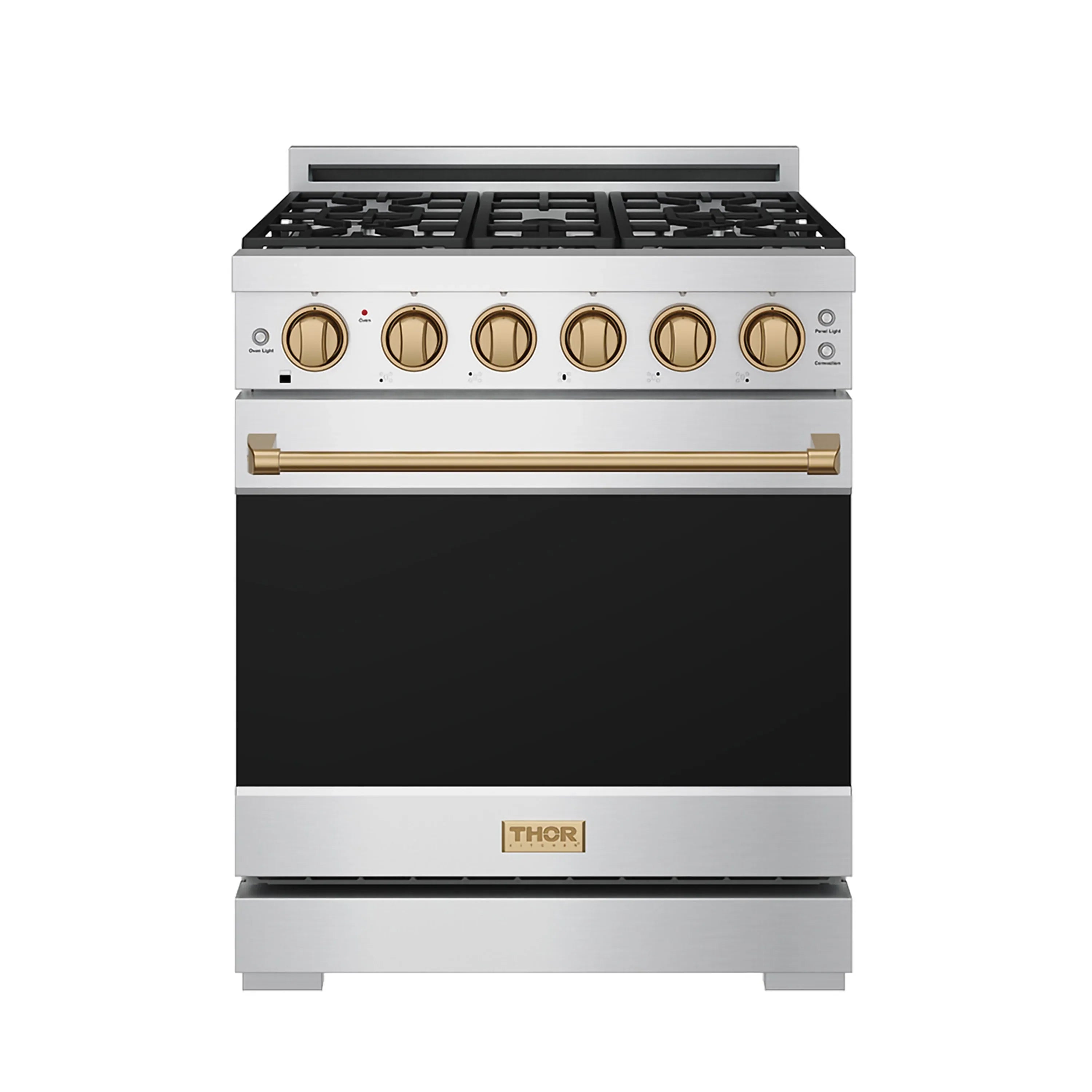 30-inch gas range front view with bronze knobs, horizontal bronze handle, and black door
