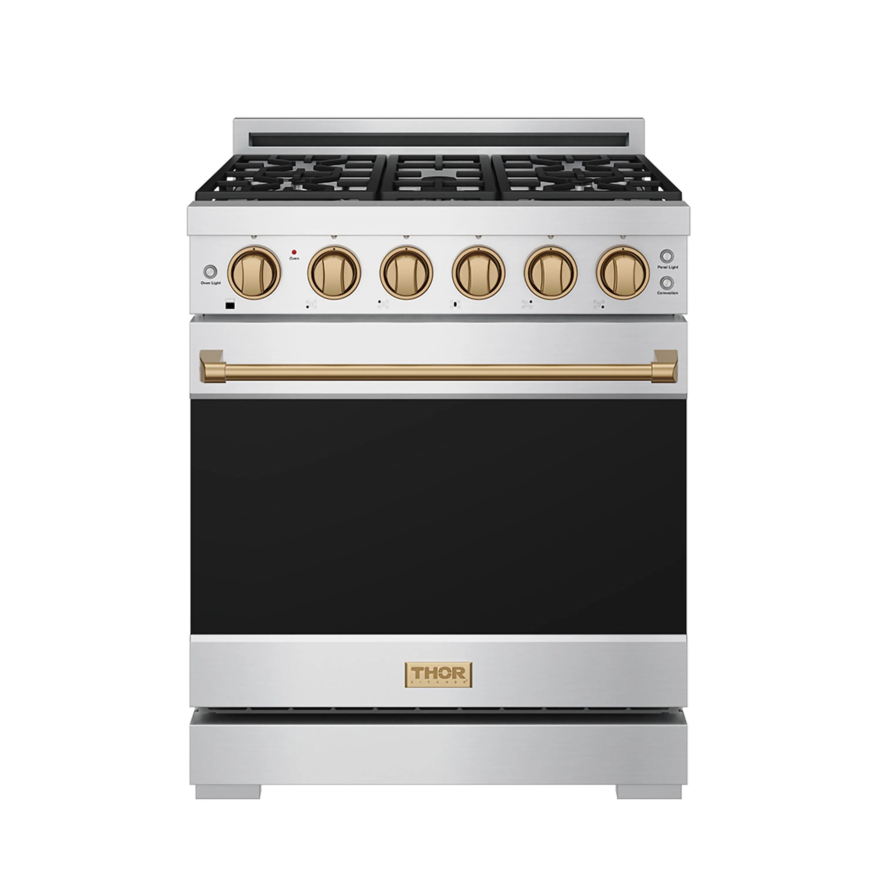 30-inch stainless steel propane gas range with bronze control knobs and front handle trim