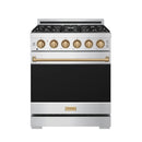 Stainless steel gas range front view with bronze control knobs and long bronze handle