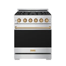 30-inch stainless gas range with bronze control knobs, flat cooktop grates, and closed door