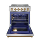 Stainless steel gas range with oven door open, blue interior, racks, and control knobs