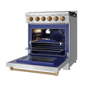 Gas range with oven door open; blue interior, back fan, and front warming surface