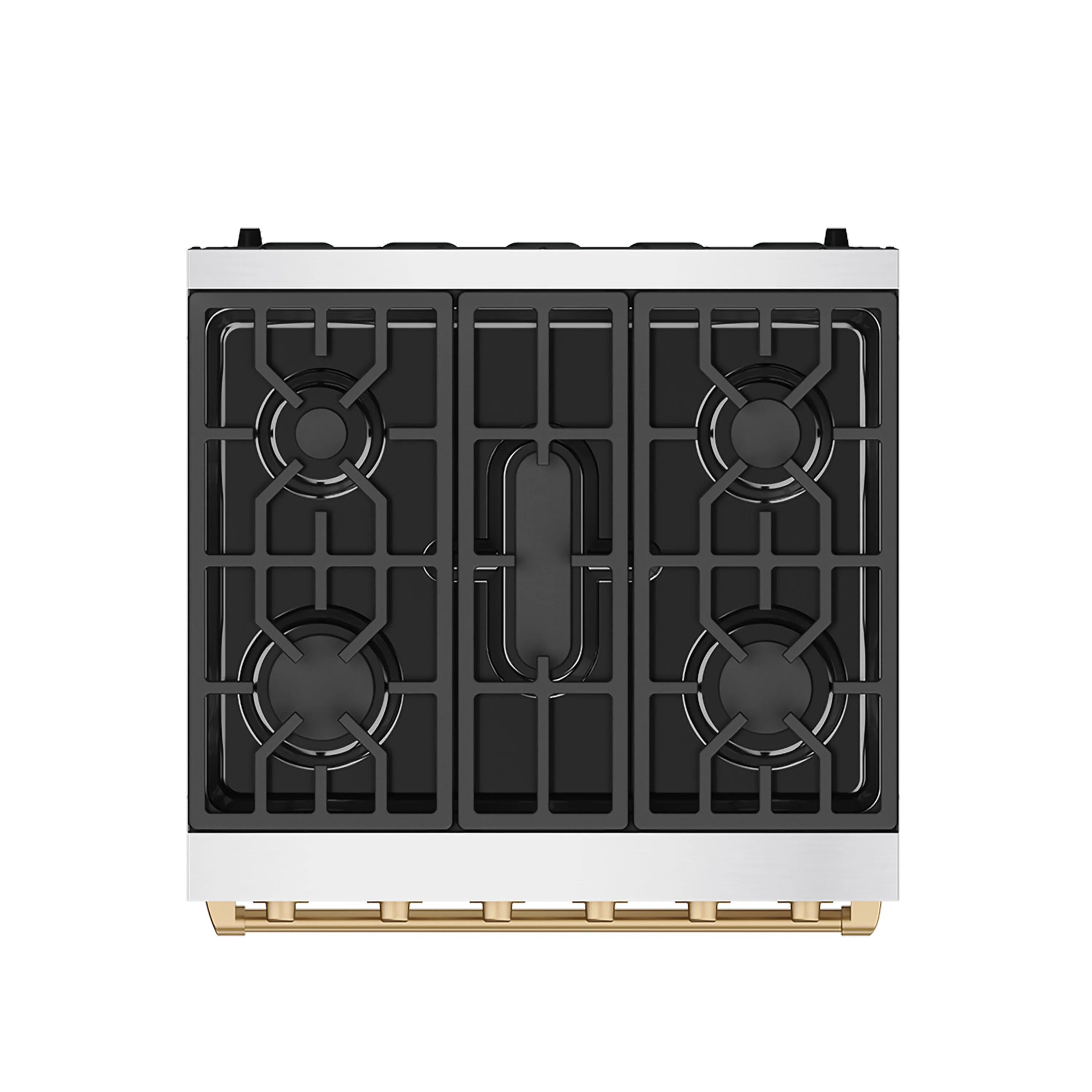 Stainless steel gas range cooktop with four black cast-iron burners and bronze trim