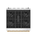 Cooktop view of a 30-inch gas range with four black burner grates and gold trim