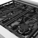 Stainless steel gas cooktop with black grates and multiple burners