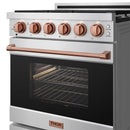 Stainless steel gas range with rose gold bar handle, Thor logo, and oven window