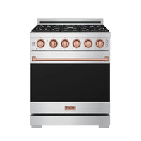 Stainless steel gas range with rose gold knobs, control panel, and black burner grates