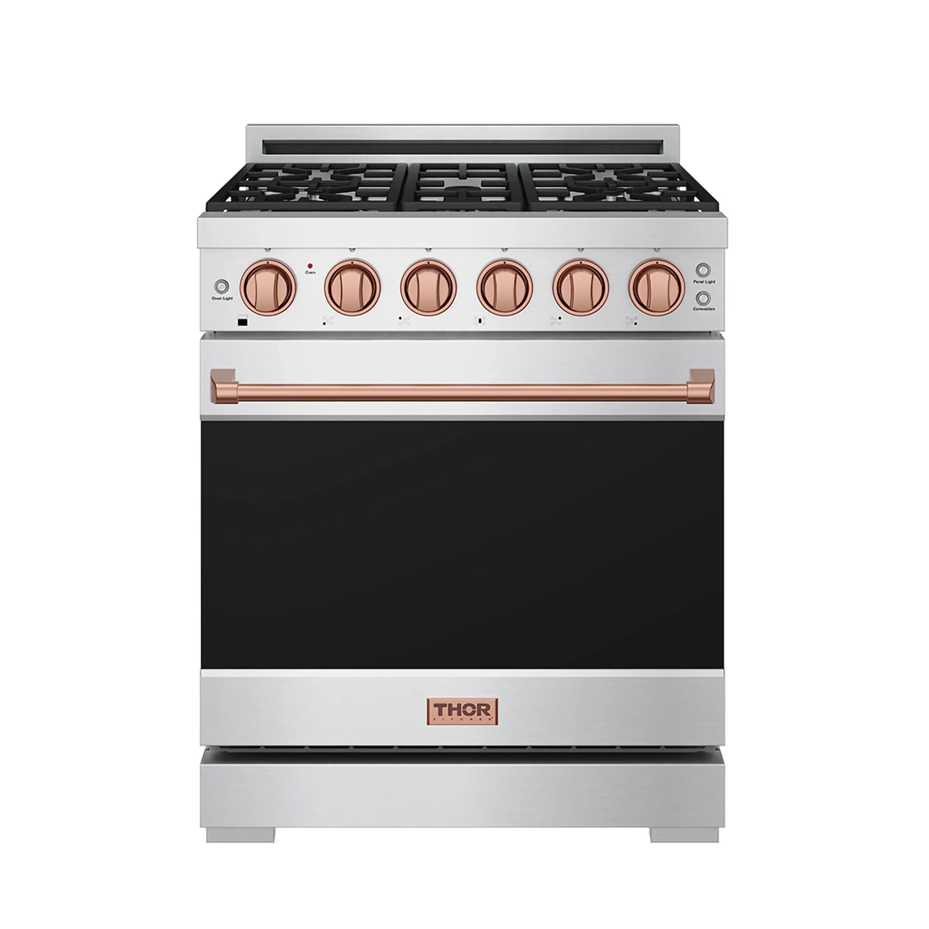 30 in propane gas range front view with copper control knobs and wide oven door