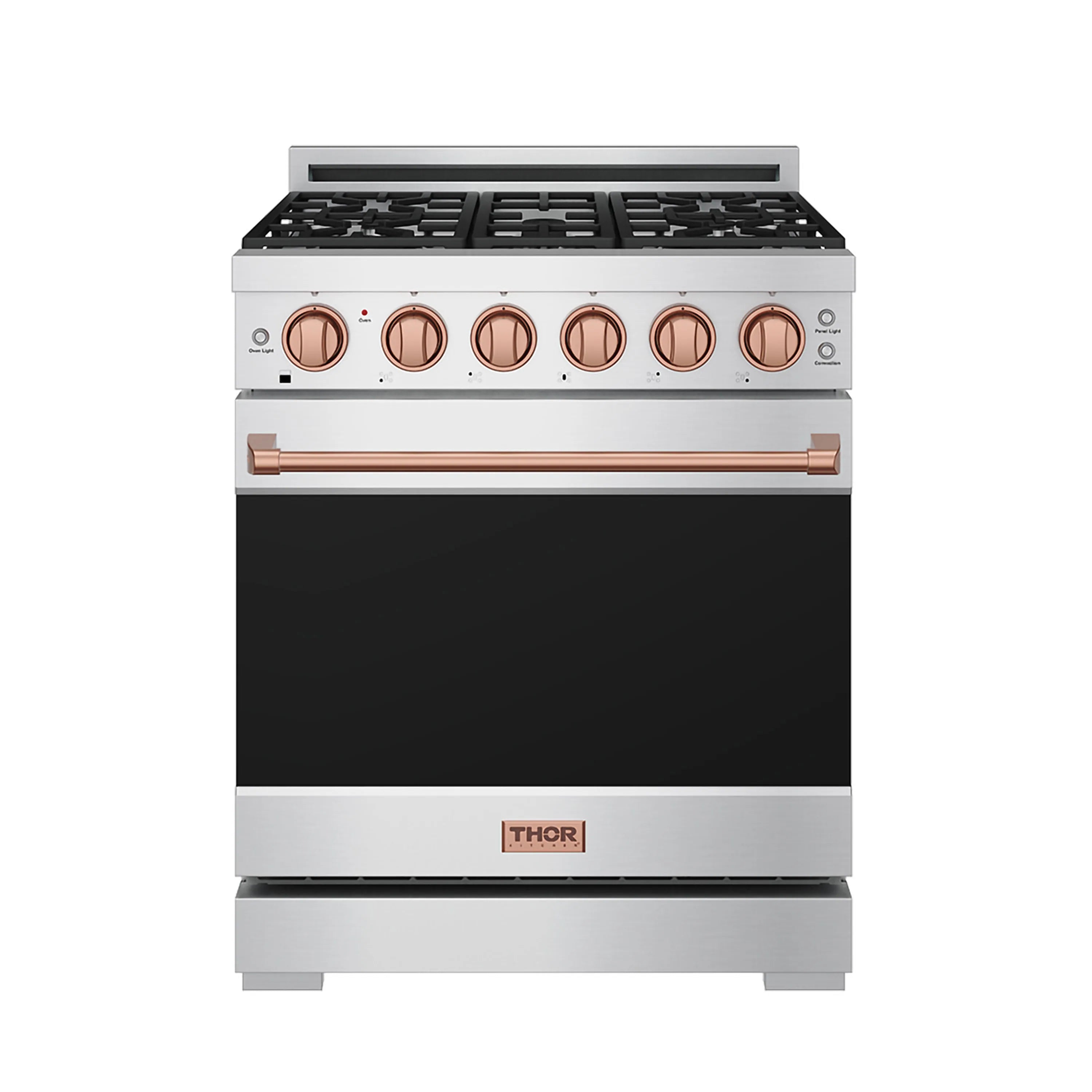 Stainless steel professional gas range with black cooktop, rose gold knobs, and copper handle