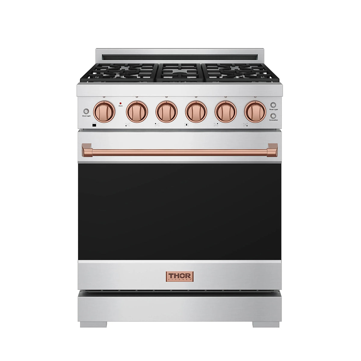 Stainless steel gas range with rose gold knobs, control panel, and black burner grates