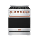 Stainless steel gas range with rose gold knobs, control panel, and black burner grates