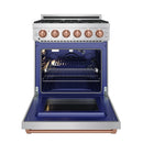 Stainless steel professional gas range with open oven, rack inside, rose gold knobs
