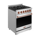 Stainless steel gas range with four burners, rose gold knobs, and copper-trim handle