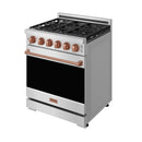 Stainless steel gas range with cooktop burners and rose gold handle trim, front view