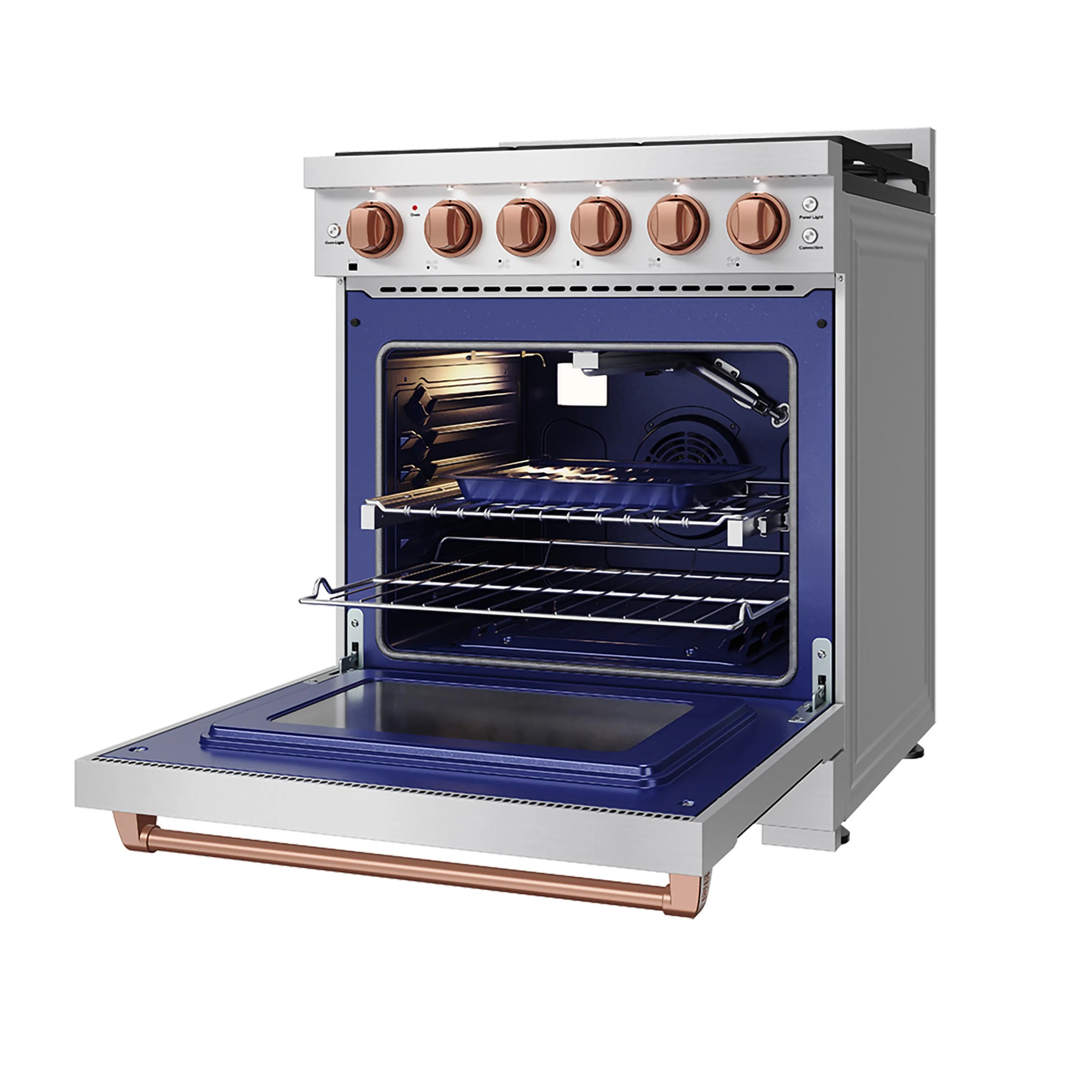 Stainless steel gas range with rose gold knobs; open oven showing blue base and rack