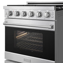 Stainless steel gas range with open oven door and six control knobs, THOR logo
