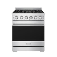 Stainless steel gas range with six front burner knobs and closed black oven door