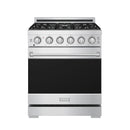 Stainless steel gas range with 6 burners and precision control knobs