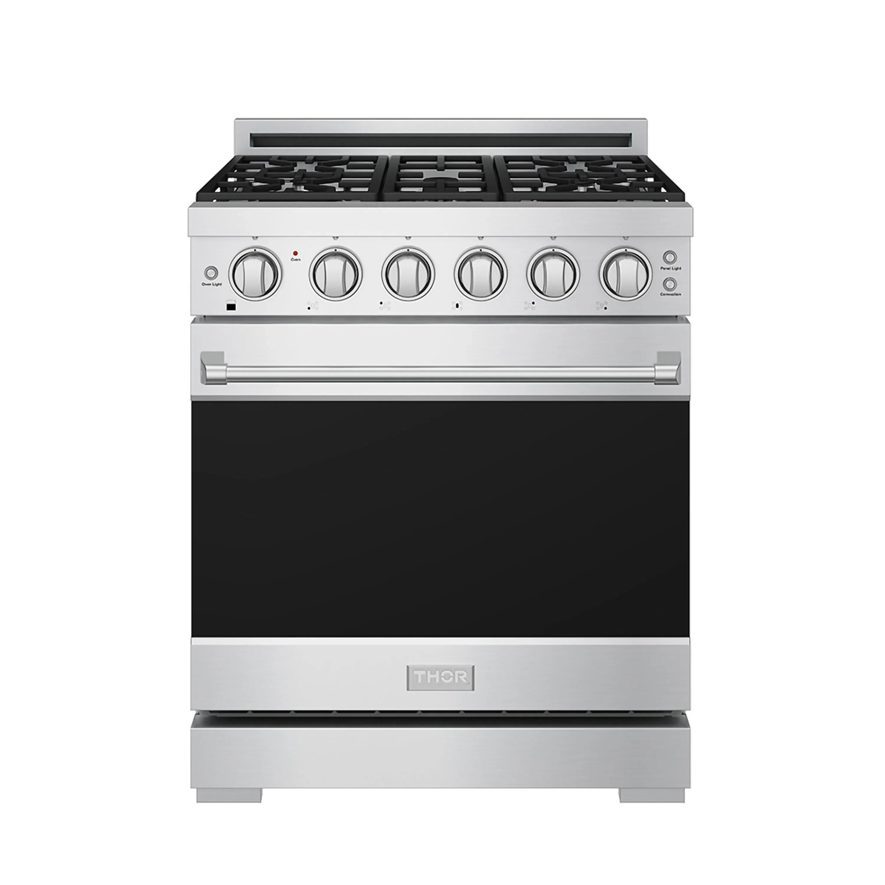 Stainless steel gas range with black glass door and five burner grates