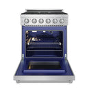 Open oven cavity of stainless steel gas range with center fan and rack