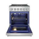 Stainless steel gas range with open oven door and wire oven rack