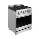 Stainless steel gas range side view with 6-burner grates and control panel