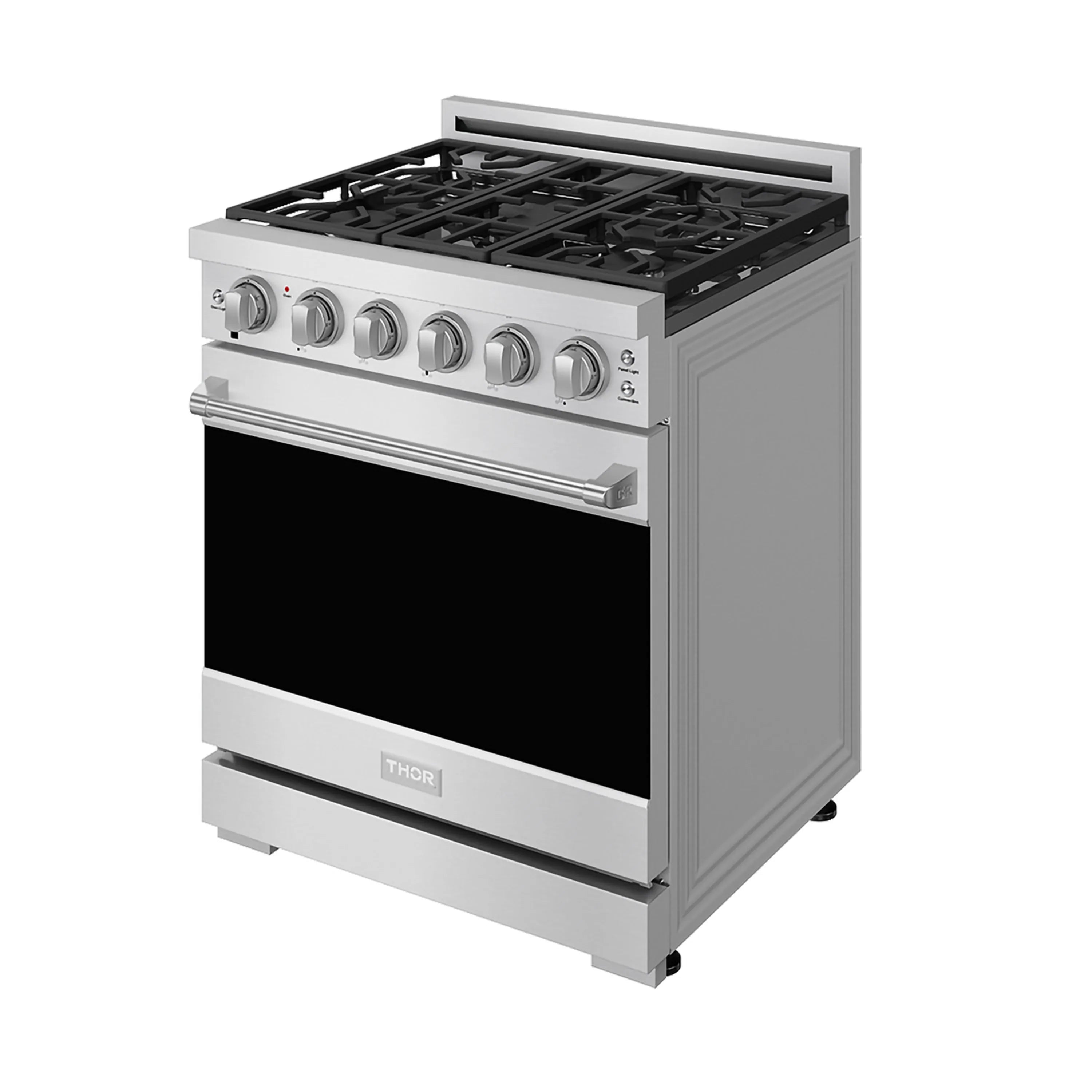Stainless steel freestanding gas range with top burner grates and black oven door