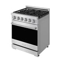 Stainless steel gas range with closed oven door and front control knobs