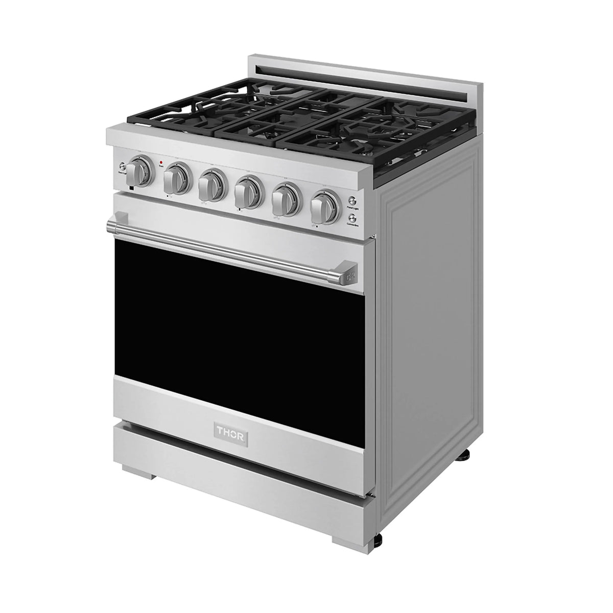 Stainless steel 30-inch gas range with black glass oven door and front control panel