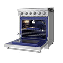 Stainless steel gas range with oven door open and illuminated interior, wire rack visible