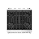 Top view of stainless steel gas cooktop with 4 burner grates
